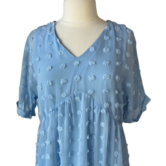 Kirundo Dress Medium Blue New Pom Texture Fit and Flair Short Sleeves - Picture 3 of 10